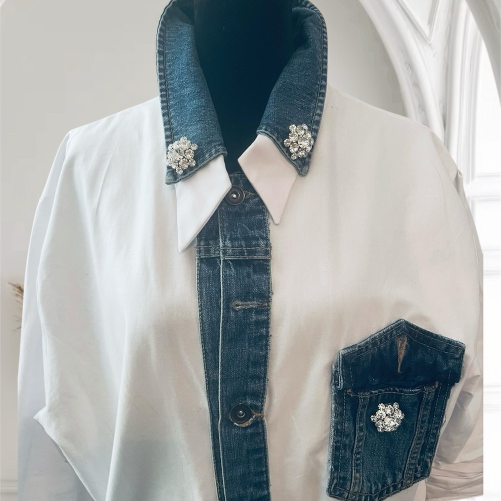 Denim-Accented White Blouse